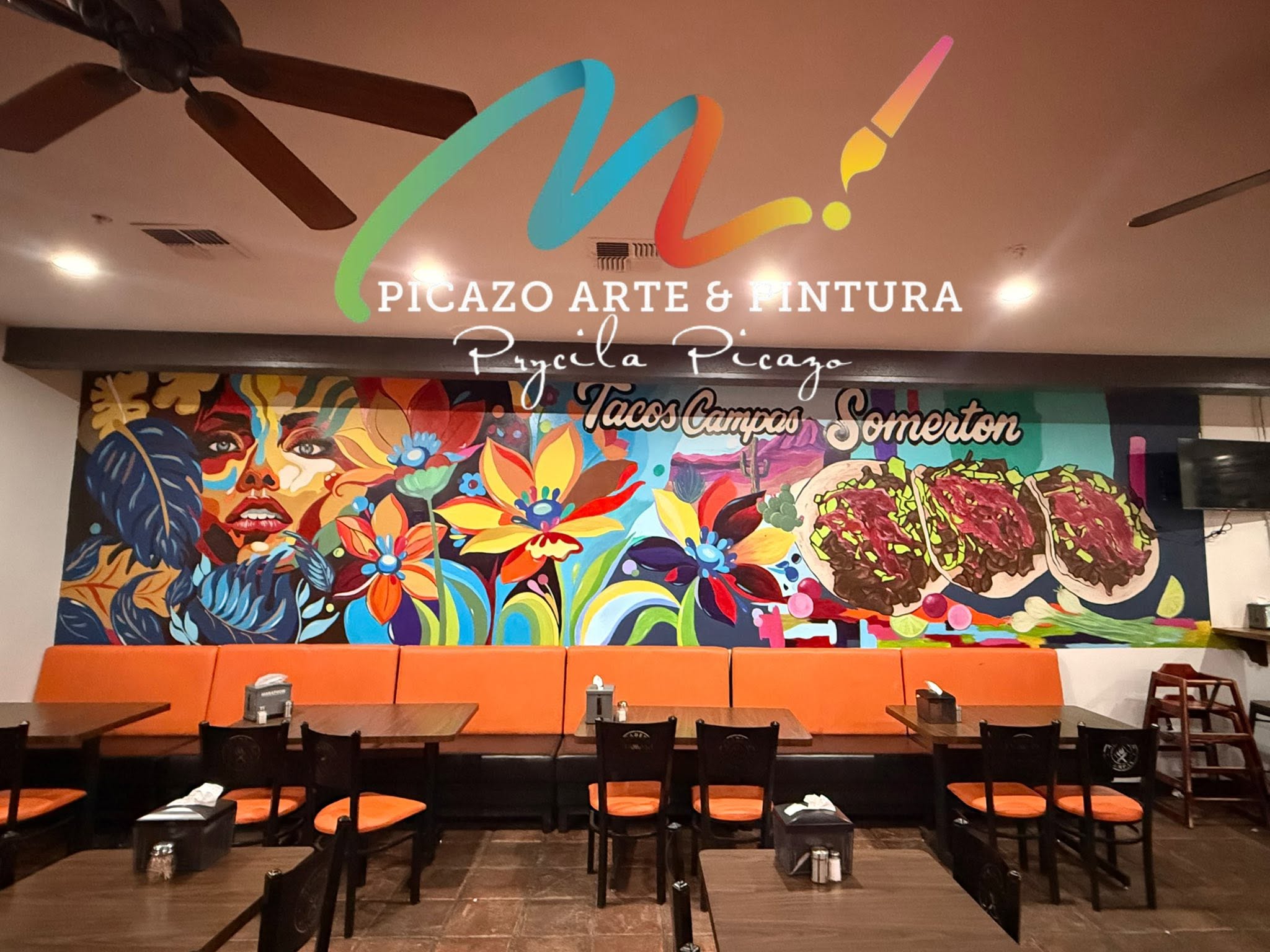 Mural de retrato y flores — Tacos Campas, Somerton