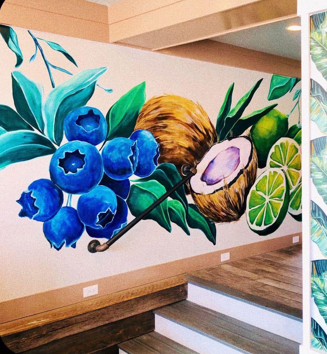 Arándanos, coco y limón, mural de escalera