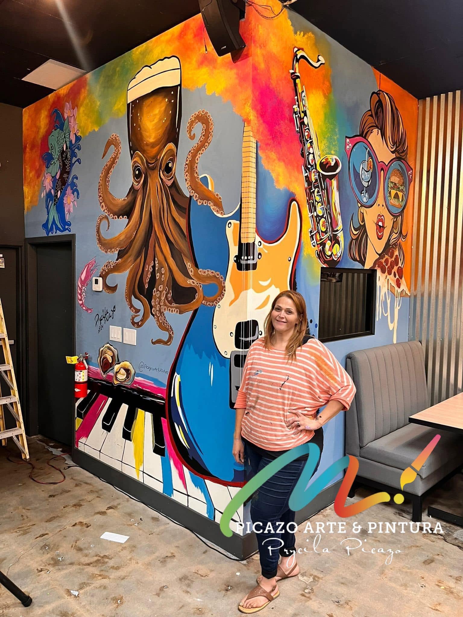 Picazo en el lugar con un mural de bar terminado
